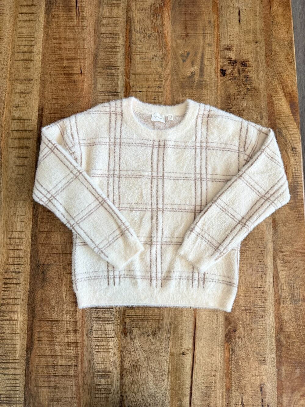 Cyrus Sweater Women's XS Cream Taupe Plaid Fuzzy Crewneck Pullover